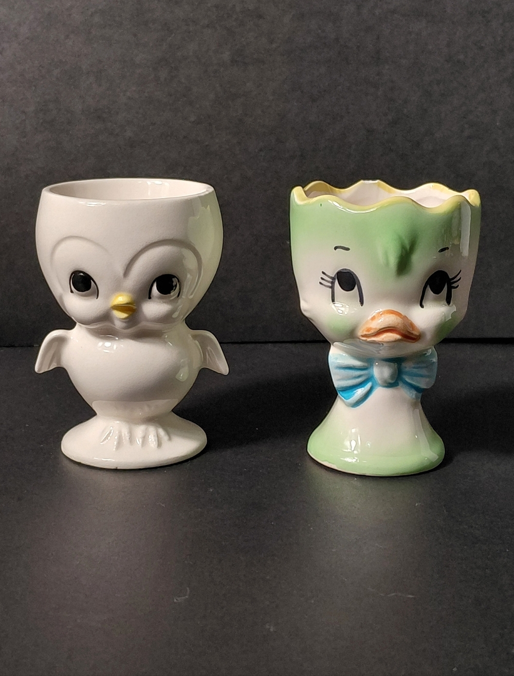 Ceramic Chick Egg Cups - White and Green- Please Read Description.